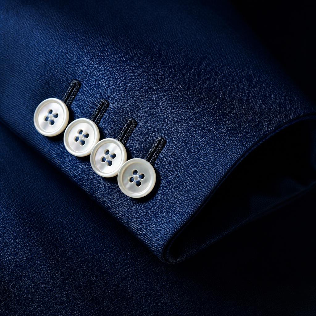 Hand-finished buttonholes on a sapphire suit cuff