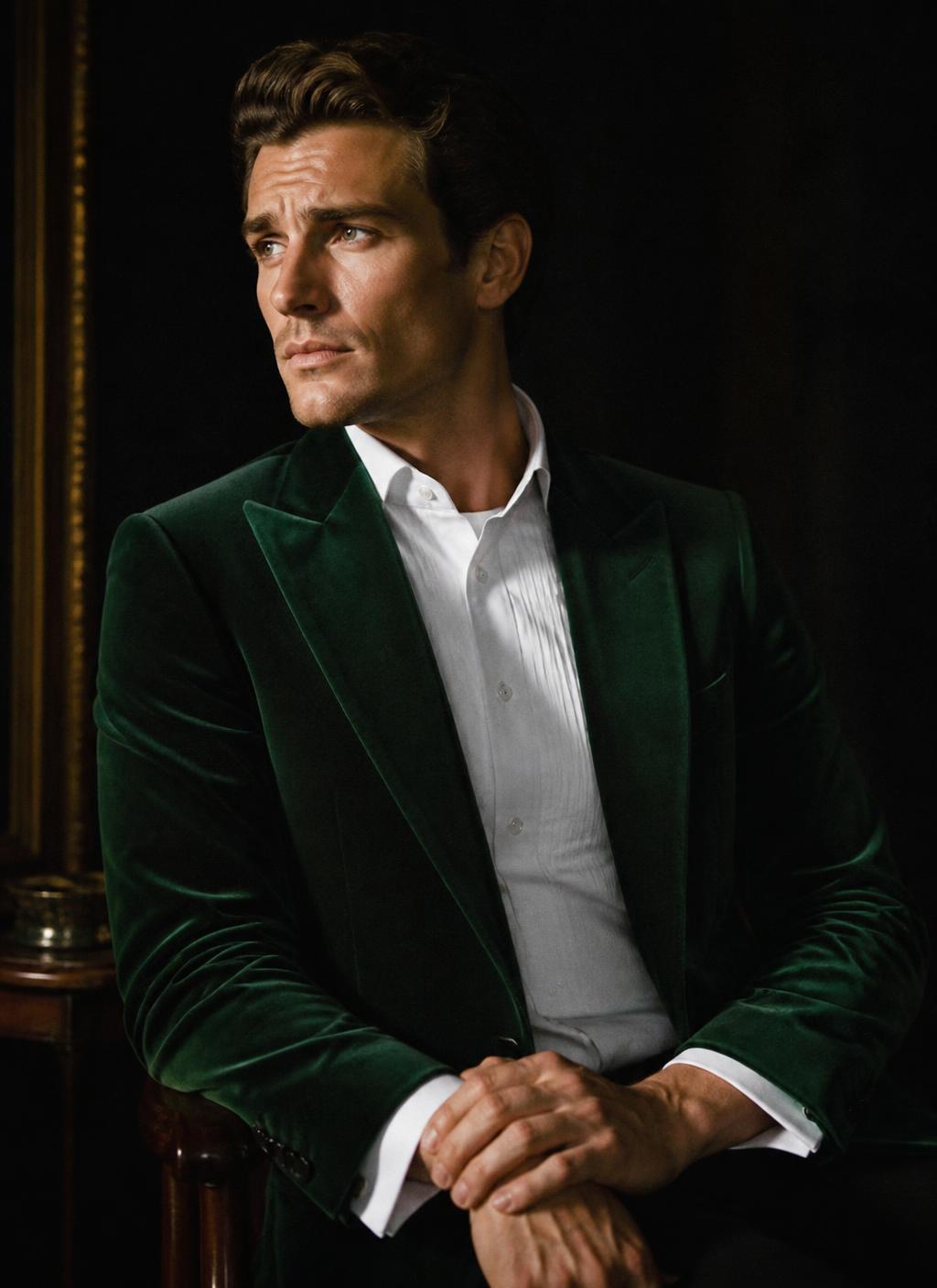 Emerald velvet dinner jacket with peak lapels