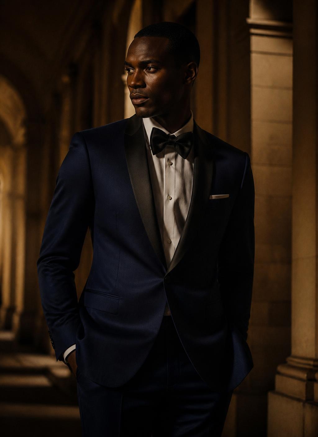 Bespoke midnight blue tuxedo with satin lapels