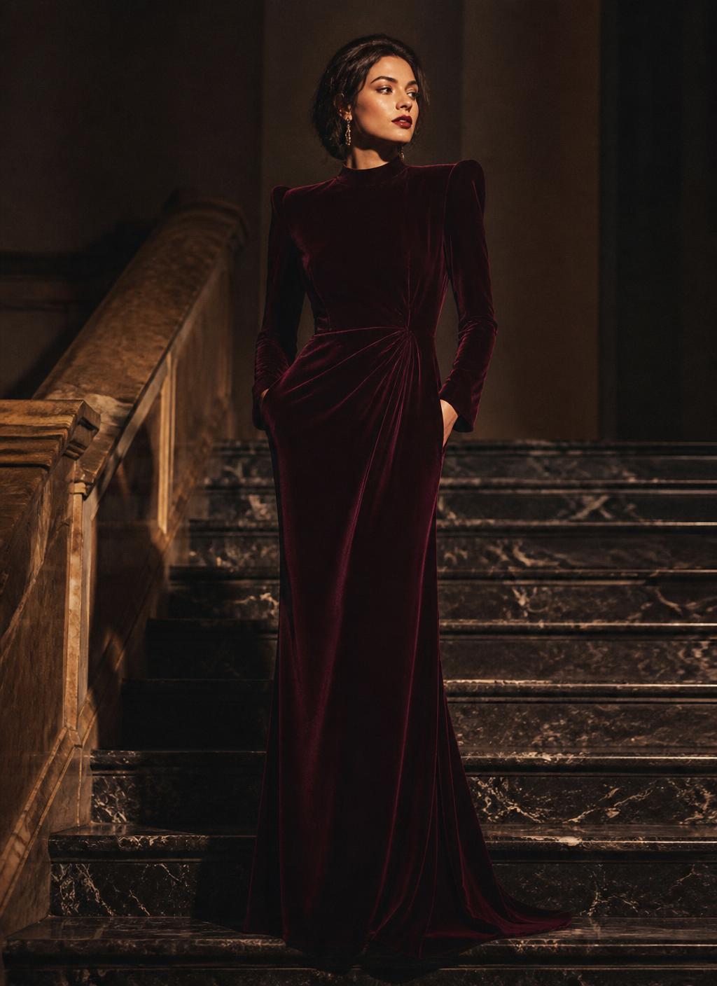 Burgundy velvet evening gown with structured shoulders
