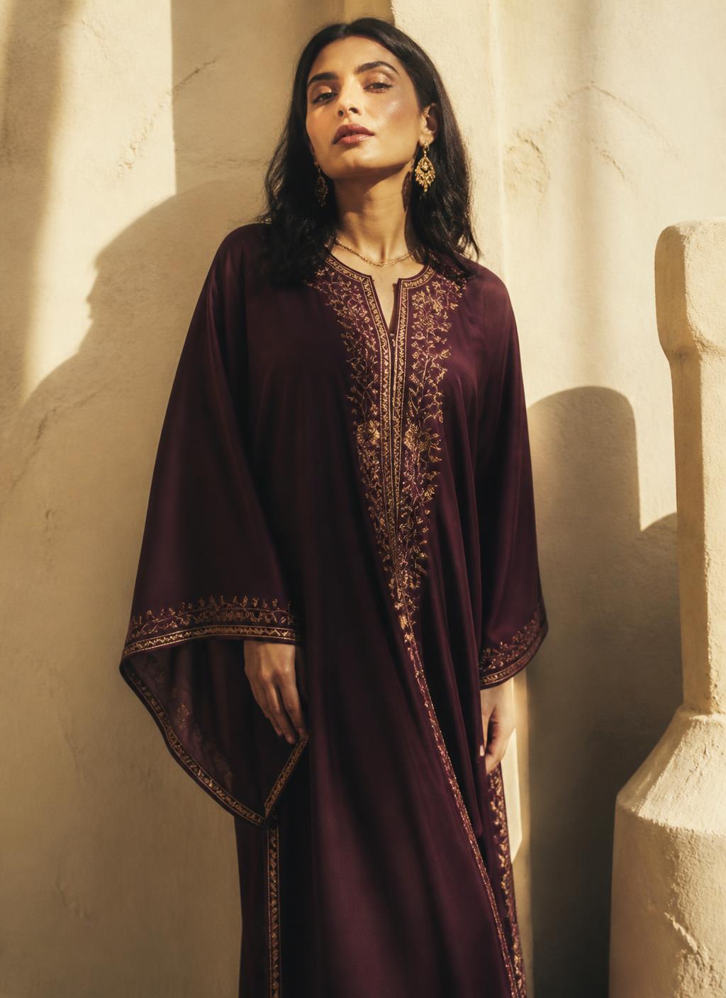 Plum silk kaftan with gold embroidery